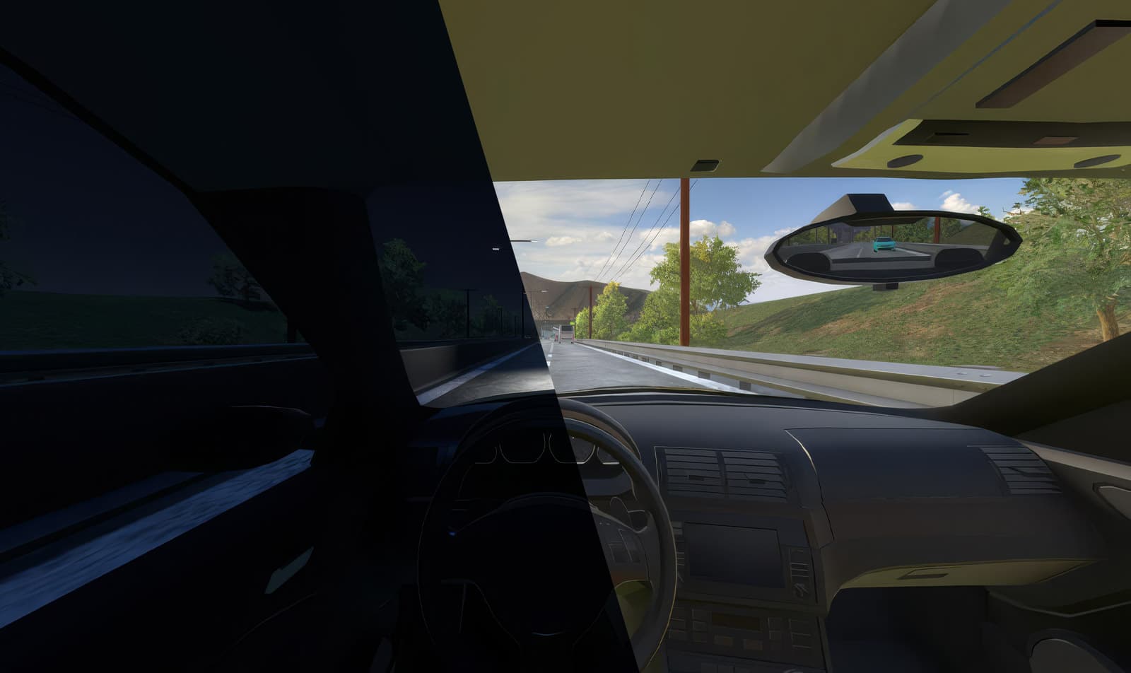 Vista interior del simulador VR de conducción